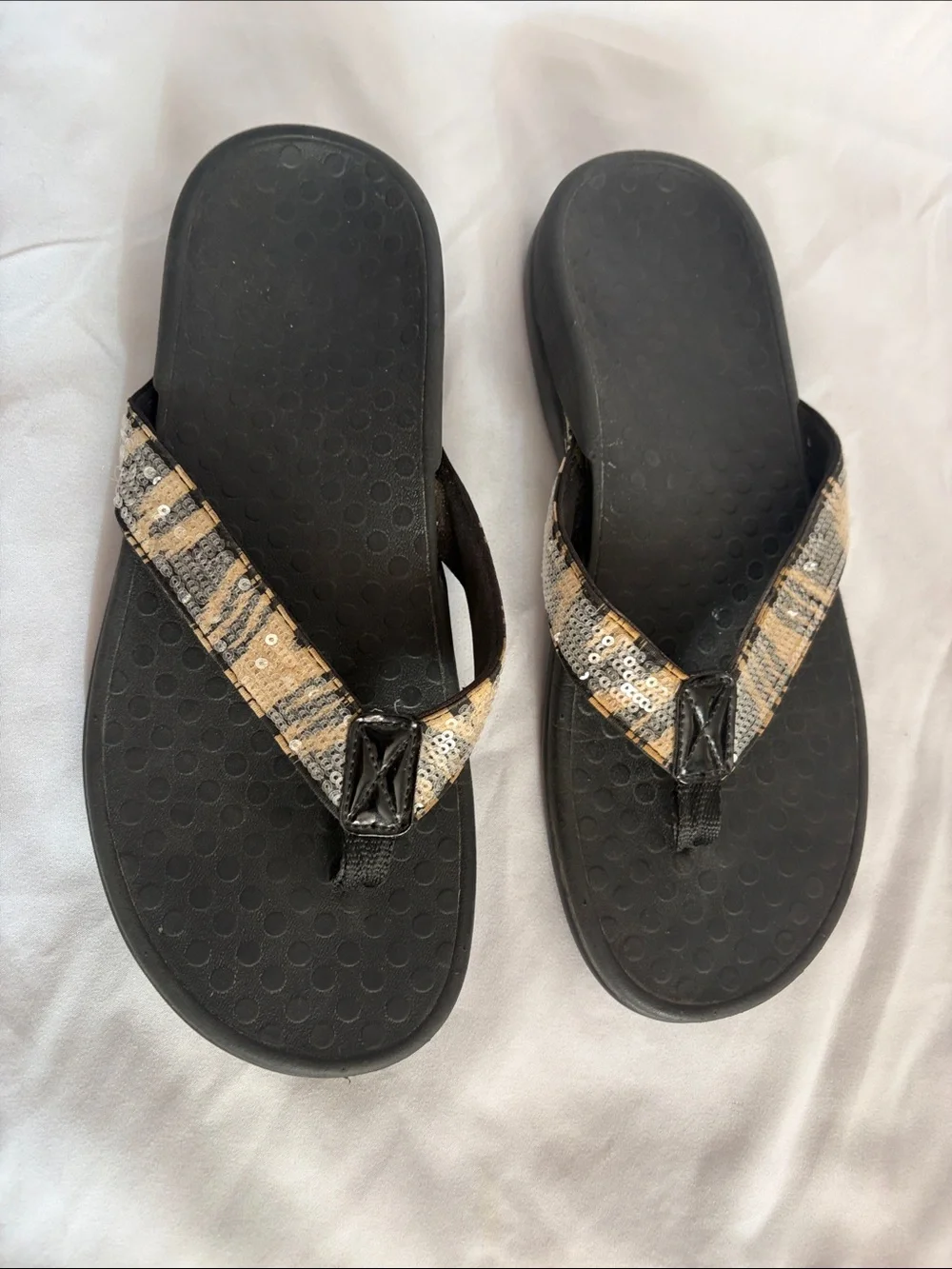 Vionic Black Sandals with Sequined Beige and Tan Straps